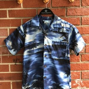 Kids Hawaii Hawaiian Shirt - Blue Button Down with Pocket and Palms Print